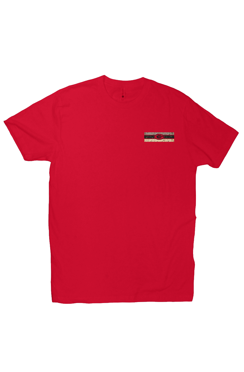 Front of red Silver Britches Athens Georgia T-shirt with small chest graphic
