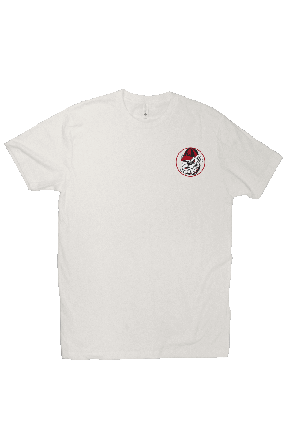 White Georgia game-day T-shirt with small front chest graphic
