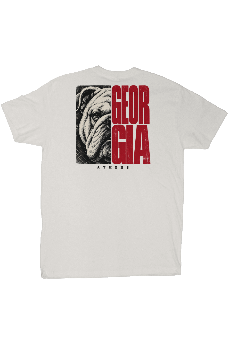 White Georgia football T-shirt with vintage bulldog split graphic
