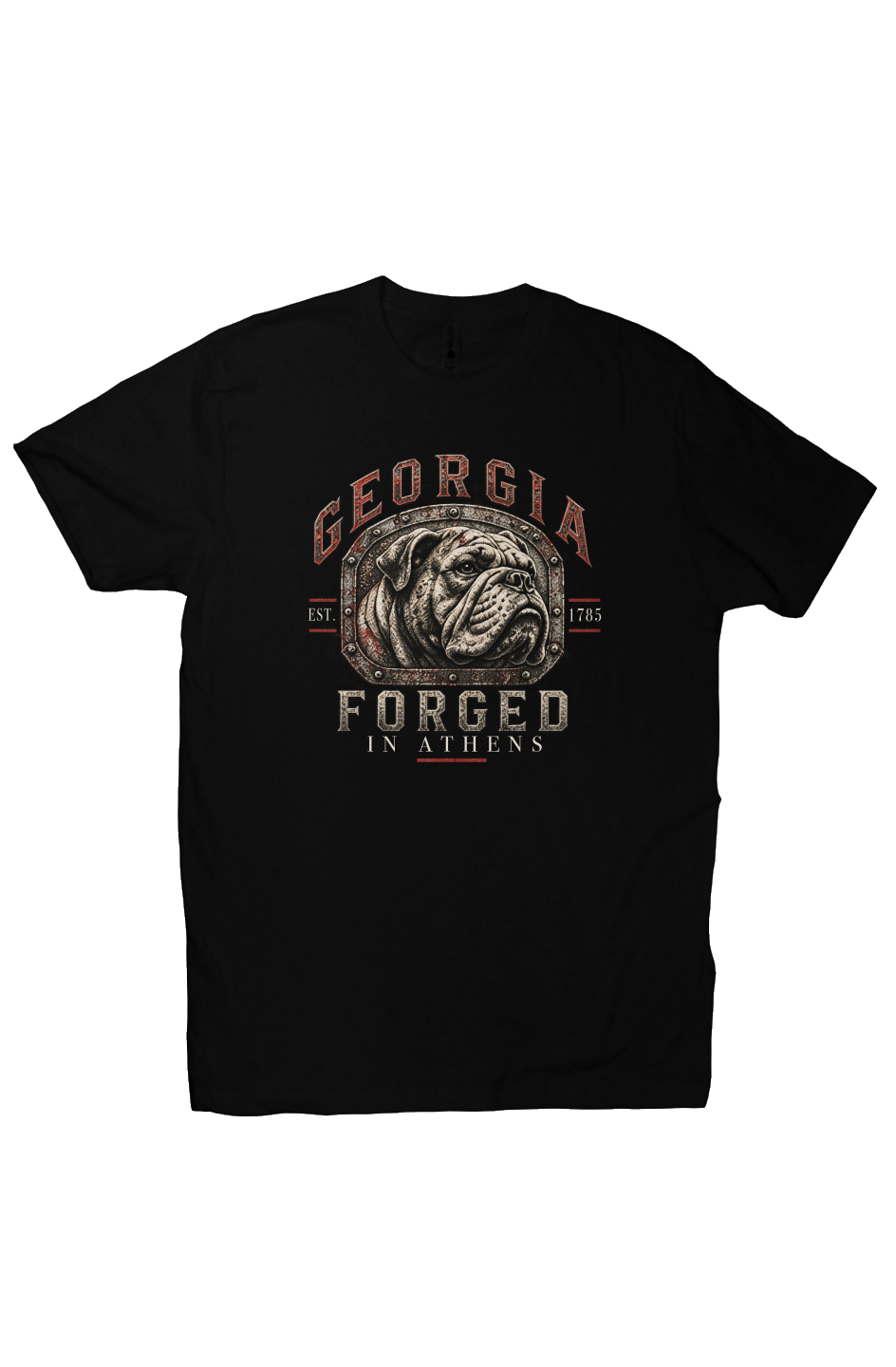 Black Georgia football T-shirt with vintage Forged in Athens bulldog graphic
