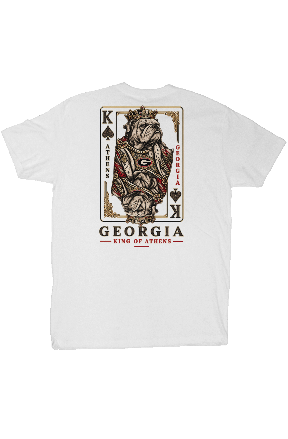 White Georgia football T-shirt with crowned bulldog playing-card graphic