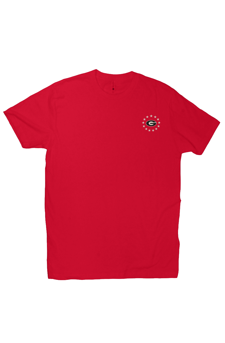 Red Georgia game-day T-shirt with small front chest graphic