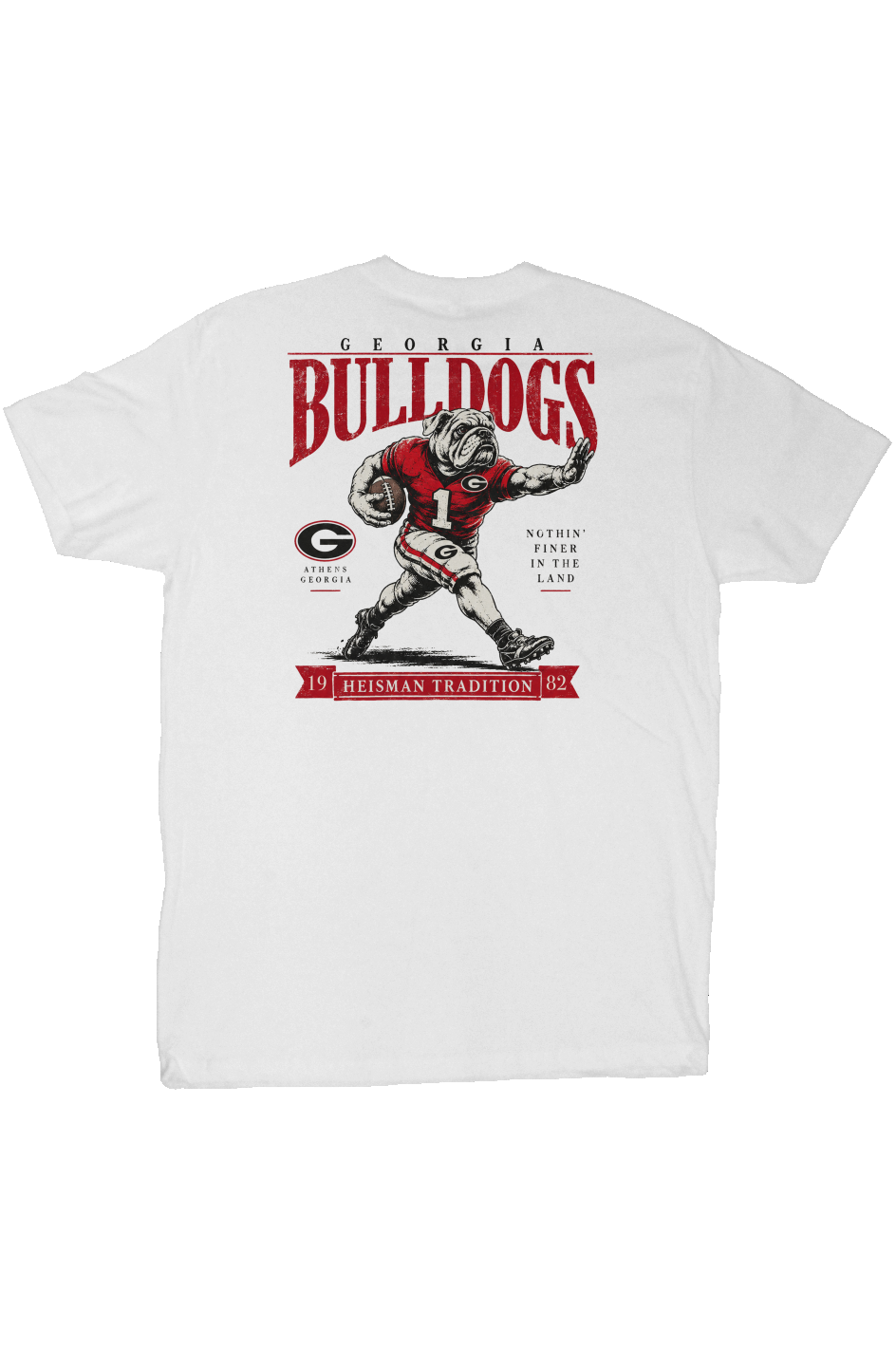 White Georgia football T-shirt with vintage Heisman-style bulldog graphic